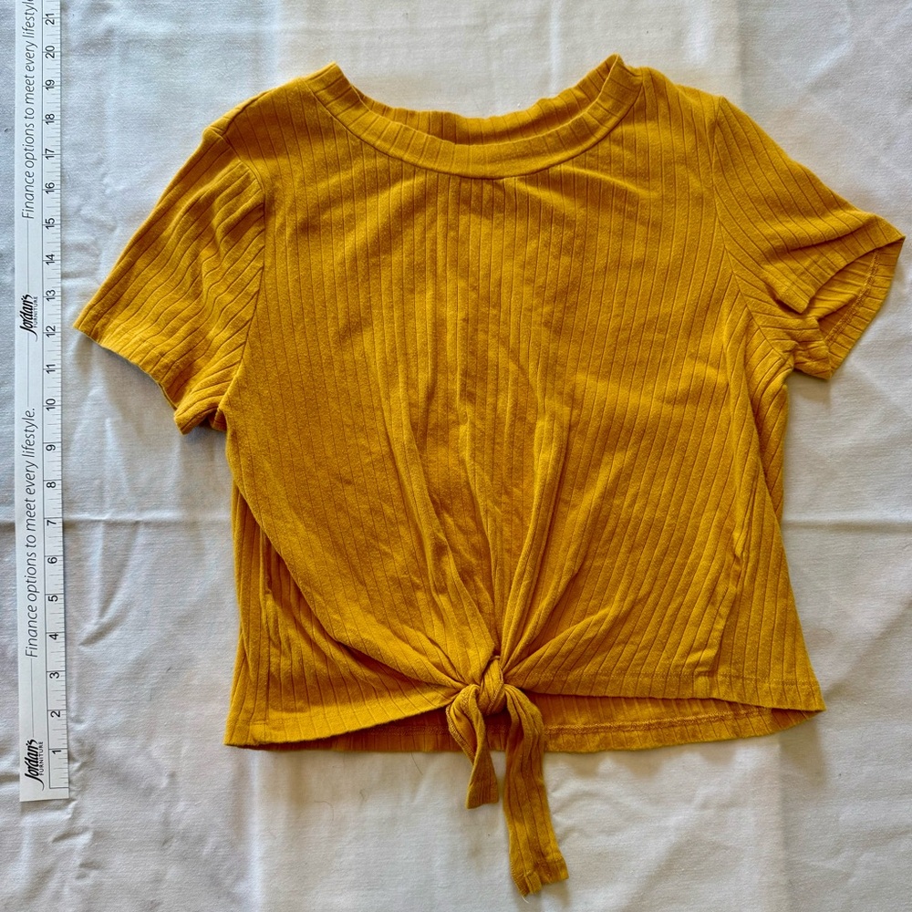 Yellow Ribbed Tie-Front Top